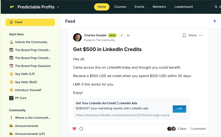 The Predictable Profits community feed inside Circle