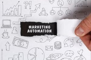 fingers peeling back a piece of paper to reveal "Marketing Automation" among drawings of business related images