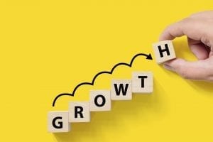 block letters spelling the word "growth" arranged like stairs and an arrow climbing them, with a hang putt the "H" in place at the end
