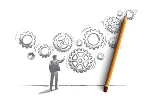 a drawing of a man pointing at large moving gears with a pencil laying on it, representing business systems