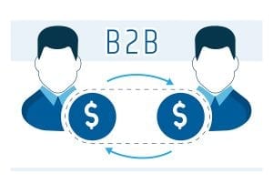 an illustration of two faceless people behind dollar signs labeled B2B, showing the cycle of money and business between the two