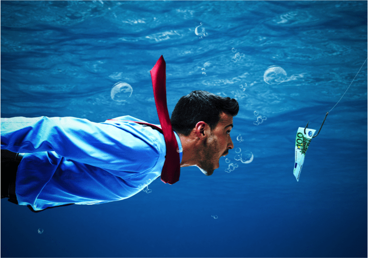 a man in a tie underwater, swimming toward money on a fishing hook