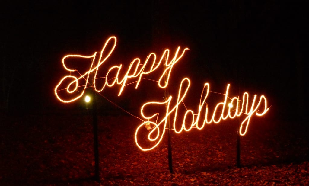 "Happy Holidays" written in Christmas lights