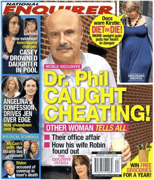 a modern National Enquirer cover with multiple sensational headlines