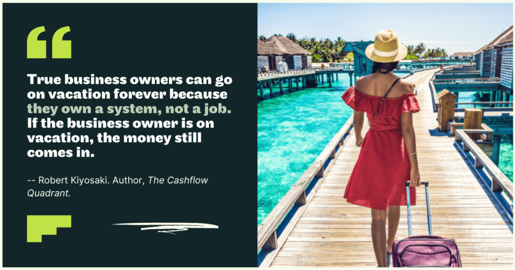 True business owners can go on vacation forever because they own a system, not a job. If the business owner is on vacation, the money still comes in - Predictable Profits