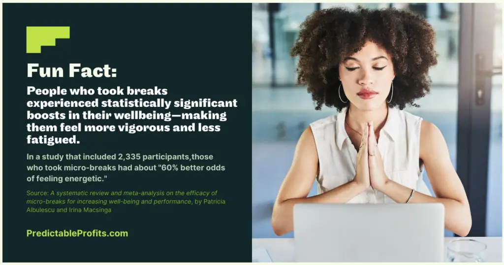 People who took breaks experienced statistically significant boosts in their wellbeing—making them feel more vigorous and less fatigued - Predictable Profits