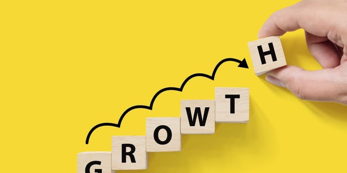 block letters spelling the word "growth" arranged like stairs and an arrow climbing them, with a hang putt the "H" in place at the end