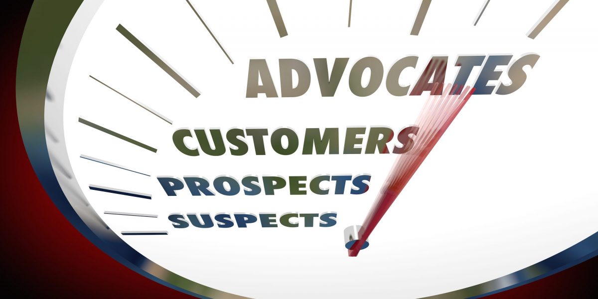 a gauge showing suspects, prospects, customers, and advocates, with the needle moving toward advocates